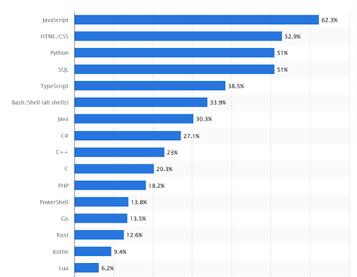 A bar graph displaying the most used programming languages among developers worldwide in 2024